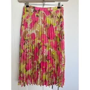 Ann Taylor Loft Pink Tan & Green Floral Pleated Accordion Midi Skirt, Size 6